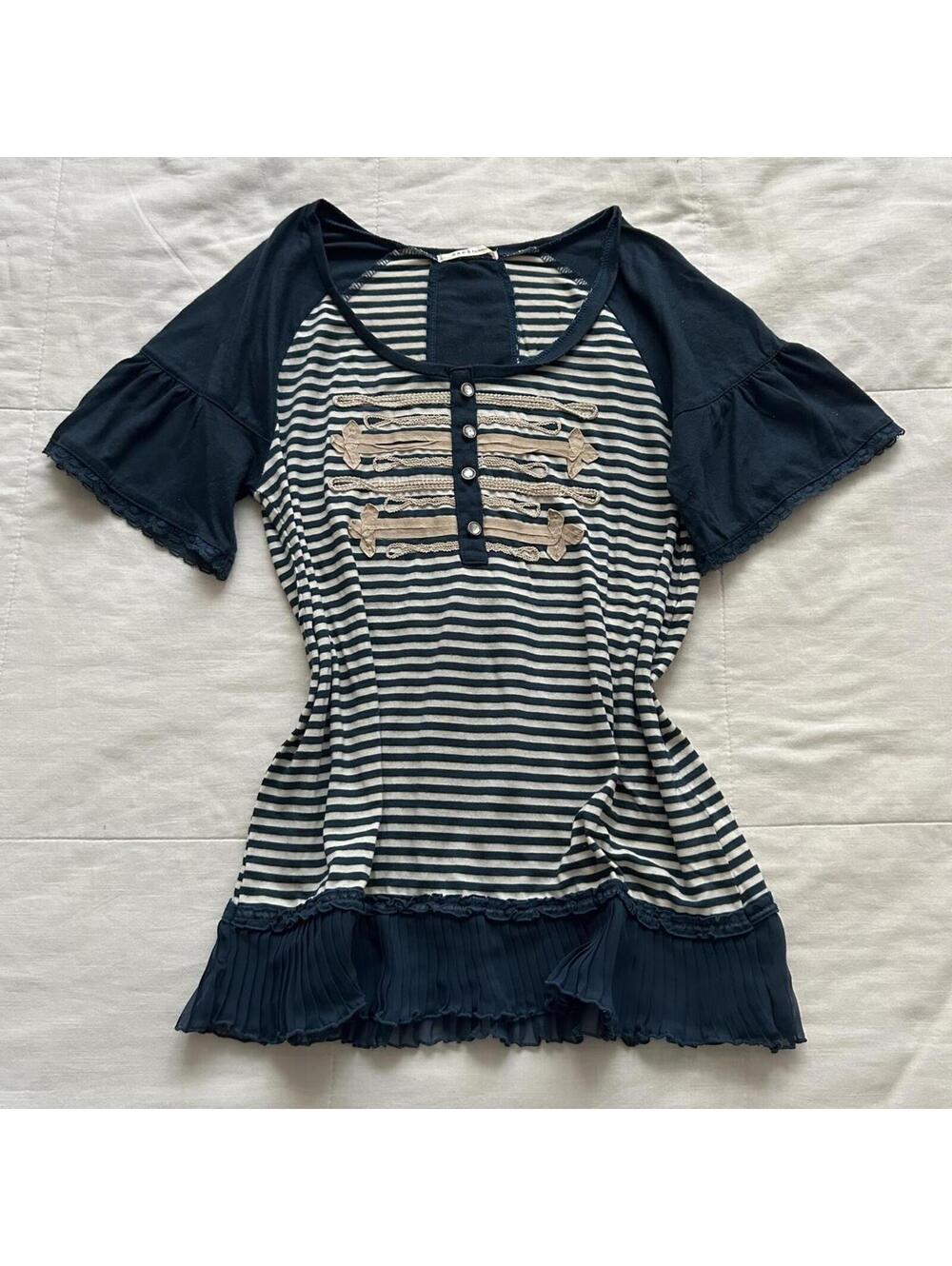 Axes Femme Blue Striped Raglan Ruffle Short Sleeve Top Medium